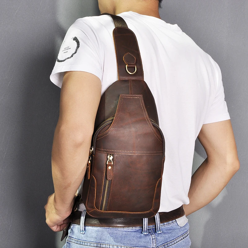 Top Quality Men Genuine Real Leather vintage Fanny One Shoulder Chest Pack Design Sling Crossbody Bag Daypack 6601-d