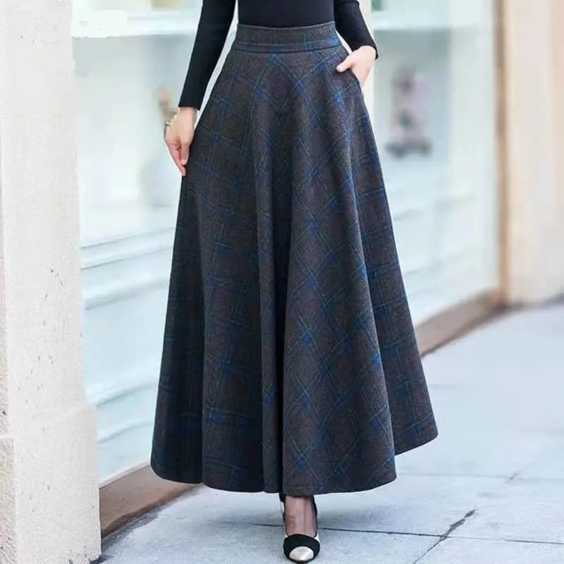 Plus Size 3XL High Waist Skirts faldas mujer moda 2019 Women Maxi Wool Skirt Elastic Waist Elegant Office Lady Long Plaid Skirts