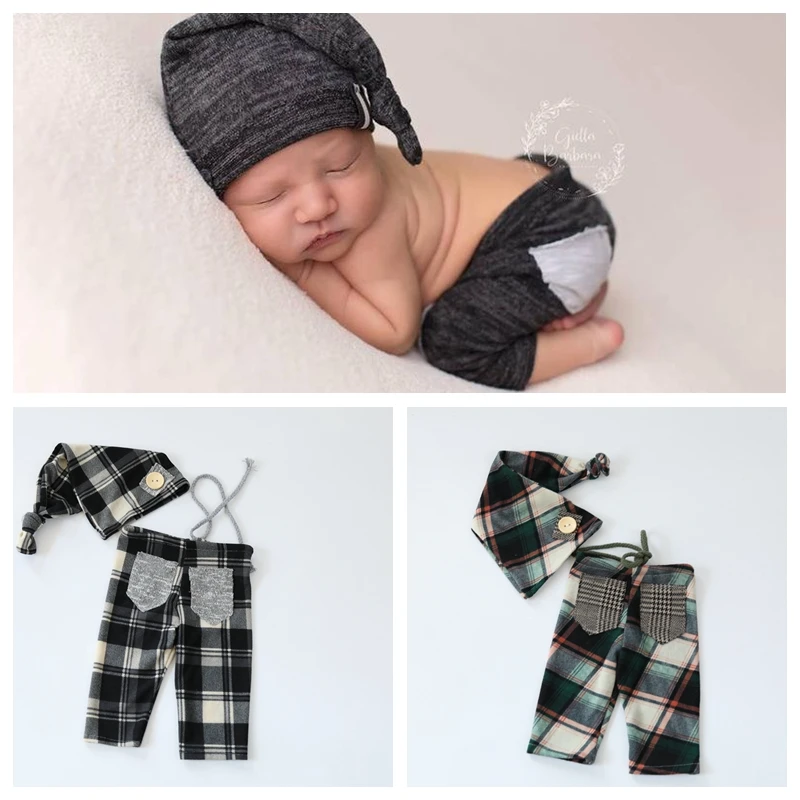 

Newborn Photography Props Session Lattice Pants Long Sleeper Hat Set Photo Prop Sets Clothes Baby Boy Overall Photoshoot Outfit