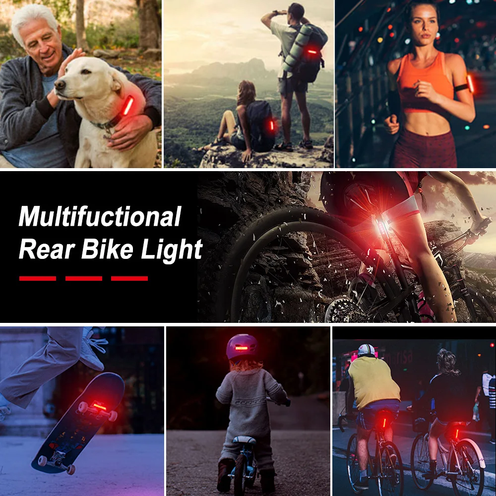 Multi-functional Bike Red Taillight  USB Rechargeable Back Seat Safety Warning Light LED Cycling Rear Lamp