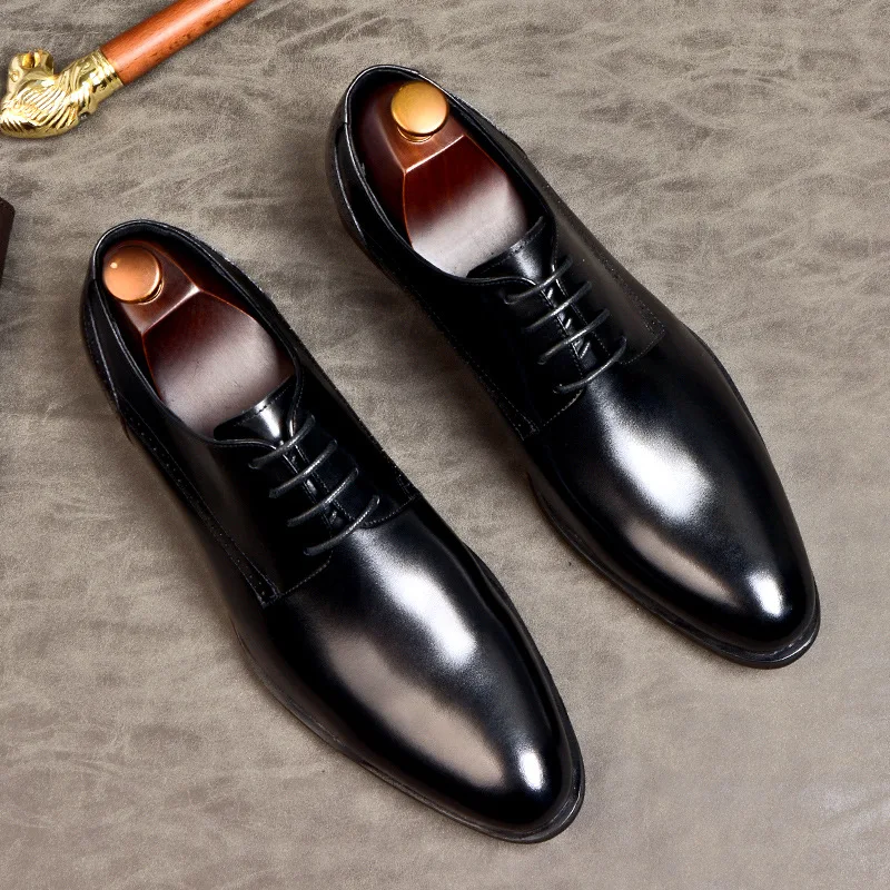 Elegant Men Genuine Leather Oxford Wedding Business Mens Dress Flats Shoes 2020 Back Burgundy Vintage Pointed Shoes For Men