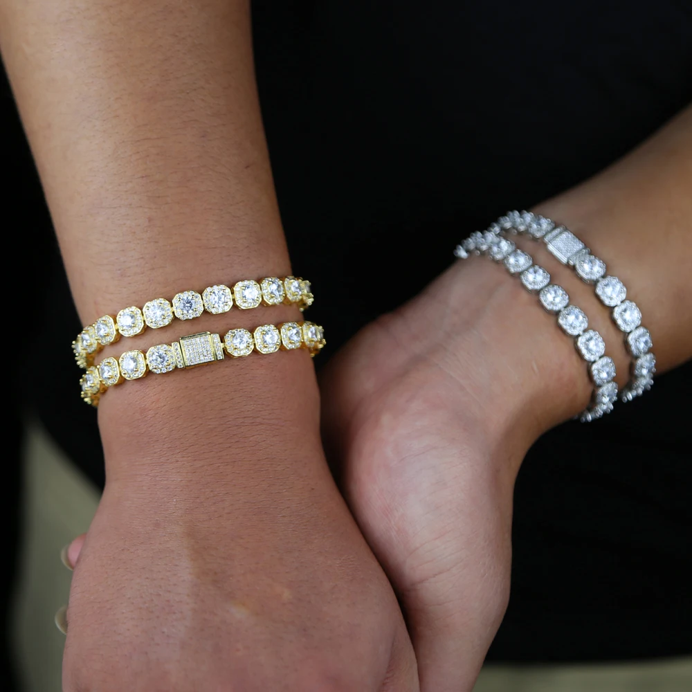 High Quality Iced Out Square Cz Charm Bracelet Bangle With Gold Silver Color Hip Hop Bracelet Bangle Jewelry For Men Boy Party