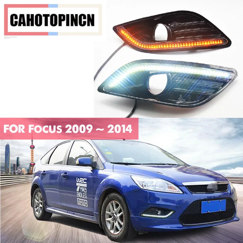 

For Ford Focus 2 2009 ~ 2014 turn Signal and turn off style Relay 12V Gloss Car LED DRL Daytime Running Light with fog lamp hole