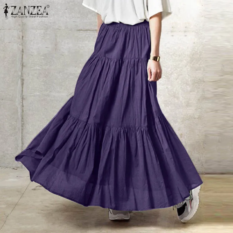 2023 ZANZEA Spring Solid Skirts Vintage Women's Ruffle Sundress Casual Elastic Waist Long Vestidos Female Robe Femme Oversized