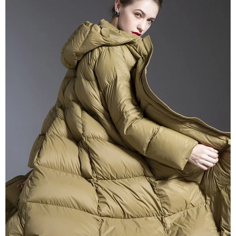 Frauen Winter Jacke Schwarz Puffer Lange Unten Jacke Zipper Kapuze Volle Hülse Mode mantel