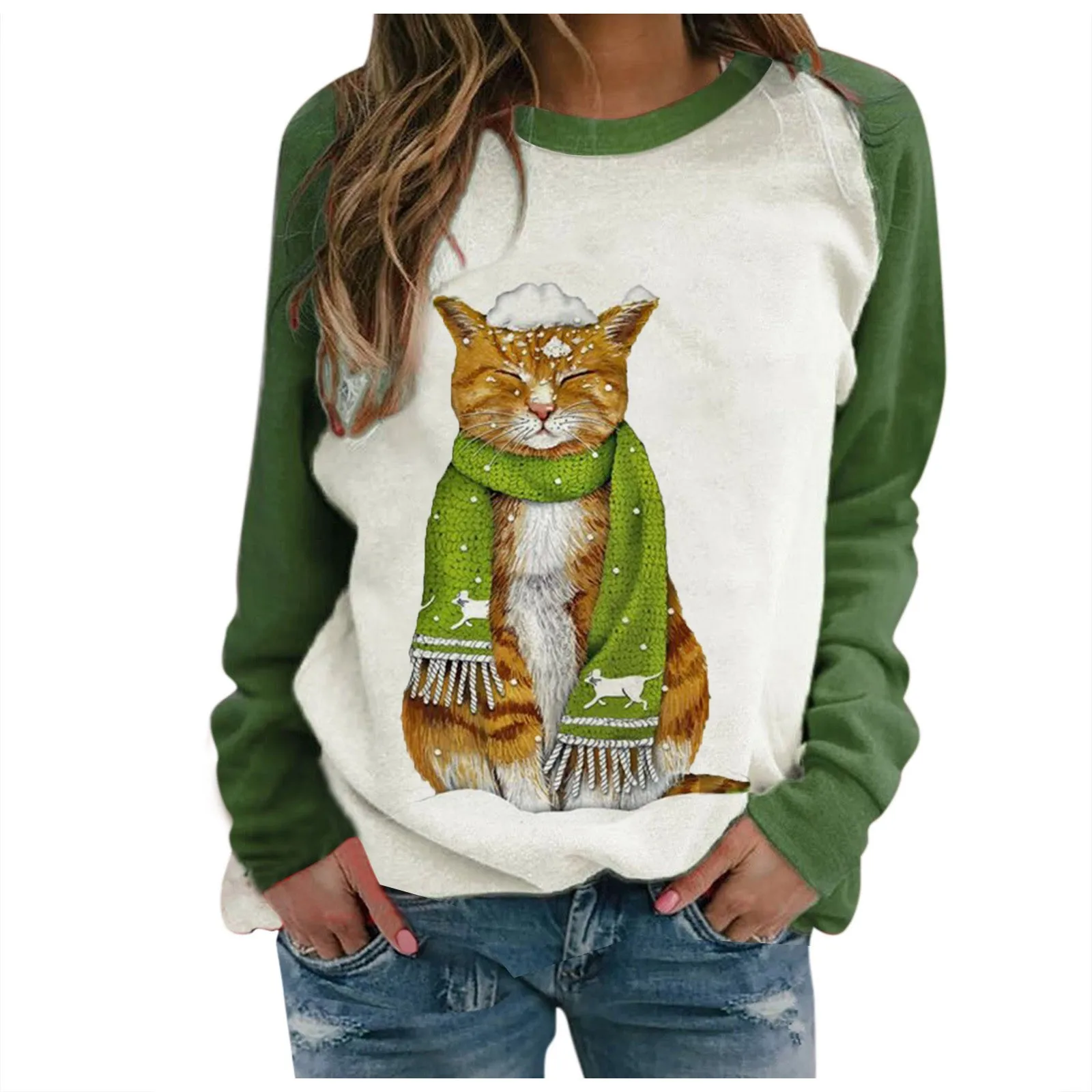 Green Scarf Cat Print Hoodie Sweatshirt Women 2021 Autumn O Neck Long Sleeve Pullover Tops Retro Elegant Harajuku Sweatshirts