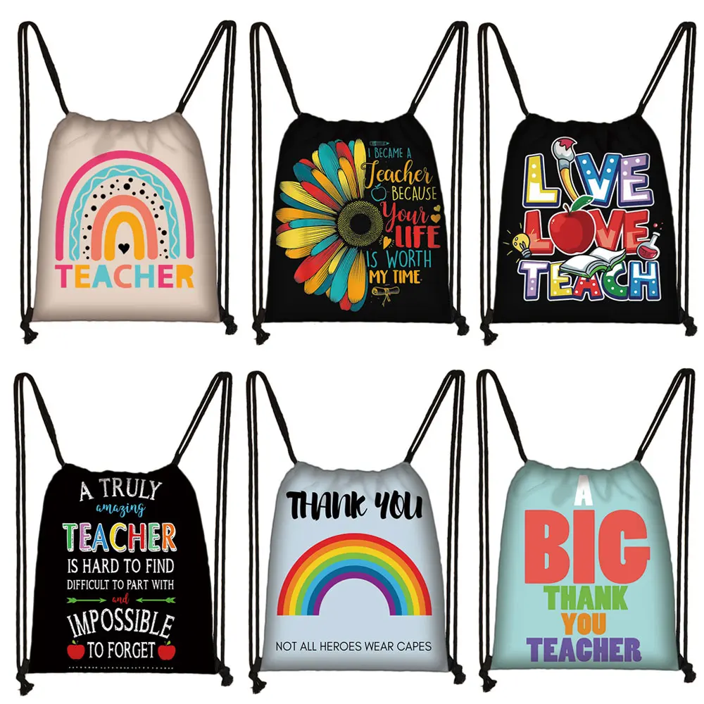 7 Color Rainbow Teacher Print Backpack Love To Teach Women Drawstring Bags Causal Storage Bags for Travel Shoes Holder Bag Gift