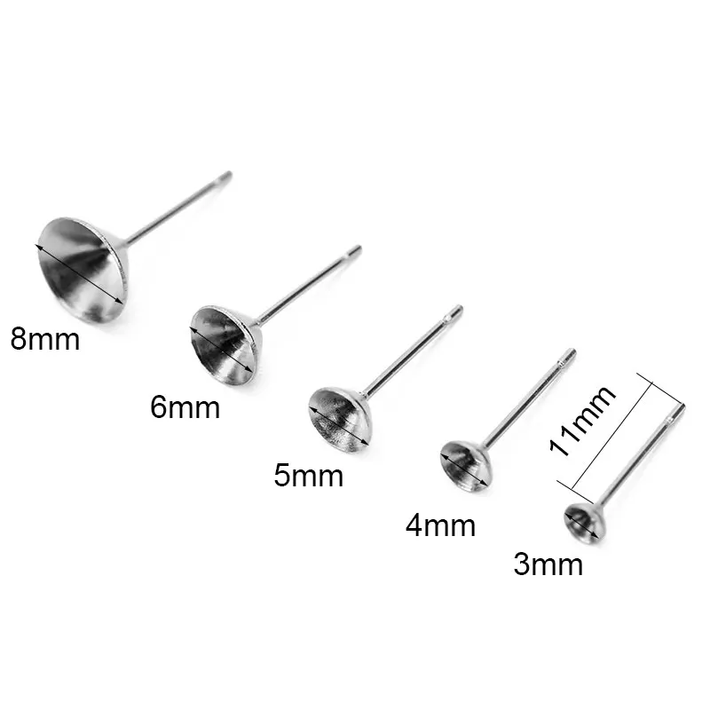 30pcs Hypoallergenic Stainless Steel Stud Earring Base 3 4 5 6 8mm Cubic Zircon Stones Settings For Diy Jewelry Making Supplies