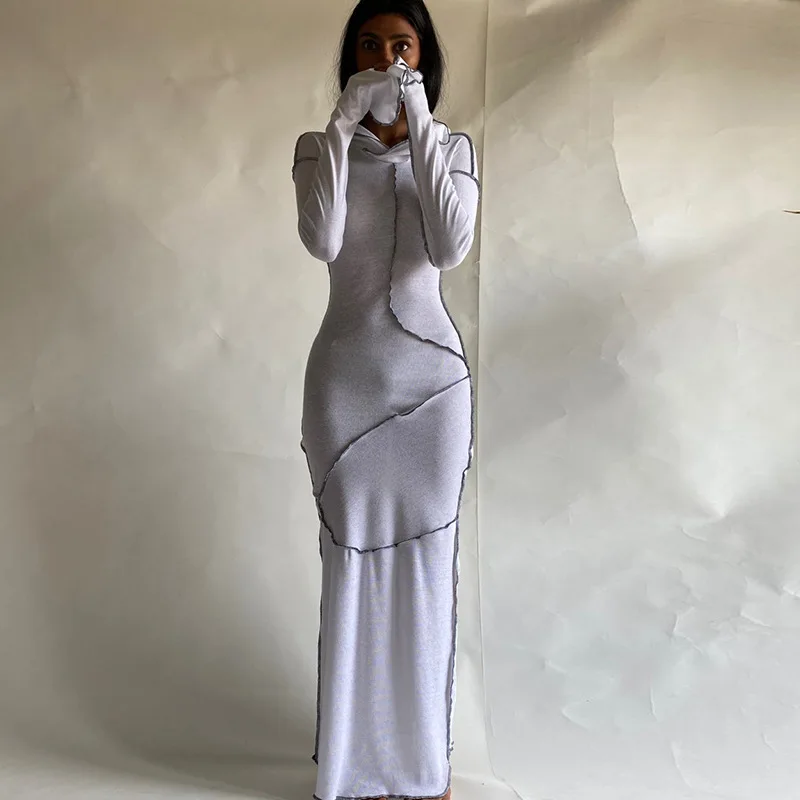 2023 Long Sleeve Hooded Patchwork Skinny Maxi Dress