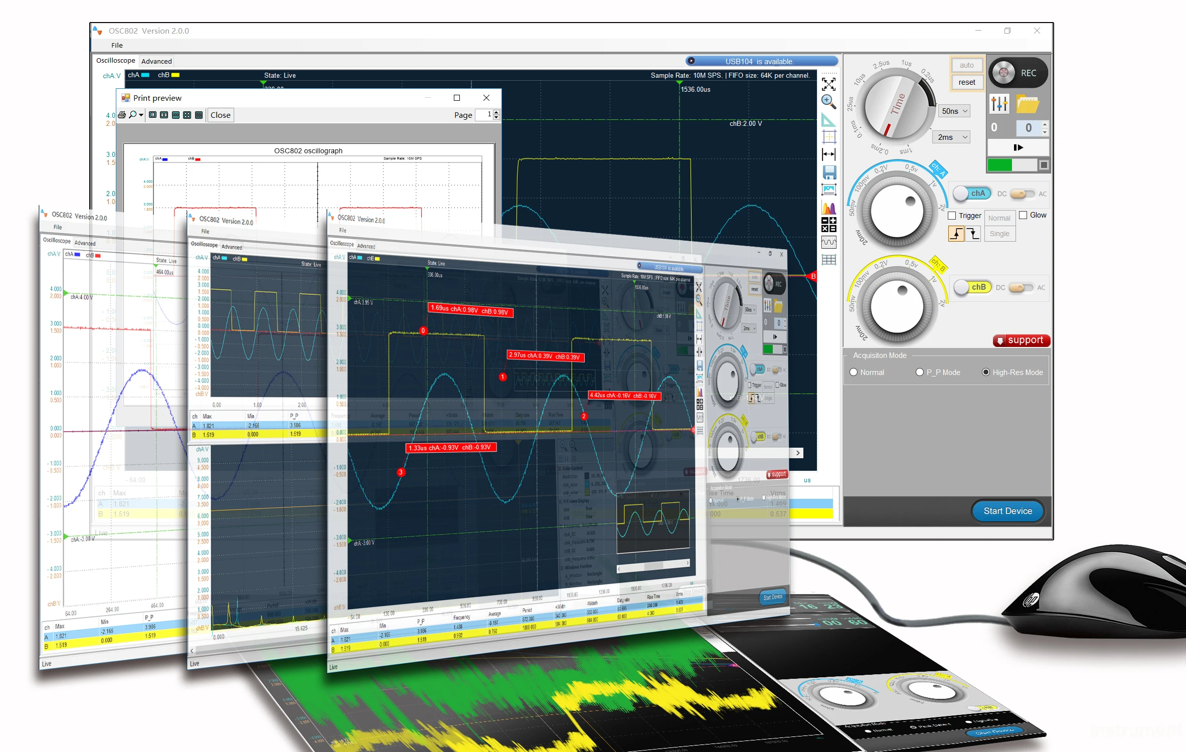 LOTO USB/PC Oscilloscope OSC482, 50MS/s, BW20MHz, 2-channel/Oscilloscope/Signal Generator/Logic Analyzer/8~13 bit Resolution