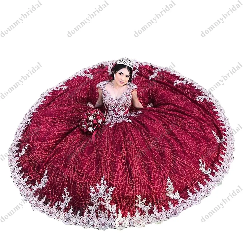 Vestido De 15 Ball Gown Burgundy Glitter Sequin Tulle 2023 Quinceanera Prom Dresses Gold Lace Embroidery Corset Crystal  Charro