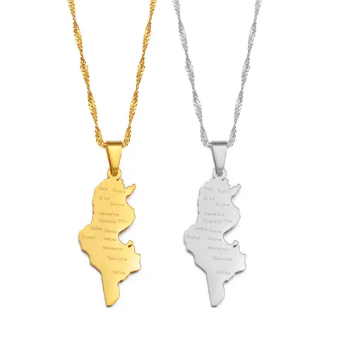 Anniyo Tunisia Map Cities Name Pendant Necklace Chains Gold Color/Silver Color Tunisienne Jewelry Tunisie Women  #214321
