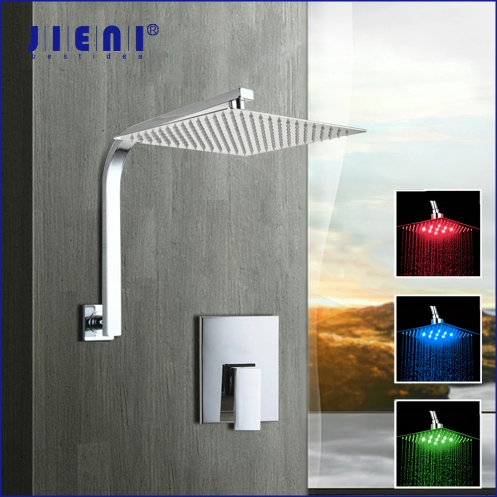 

JIENI 6 8 10 12 16 Inch LED Chrome Brass Rain Shower Faucet Set Bathroom Mixer Shower Set W/ Swan Neck Shower Arm Faucet Set
