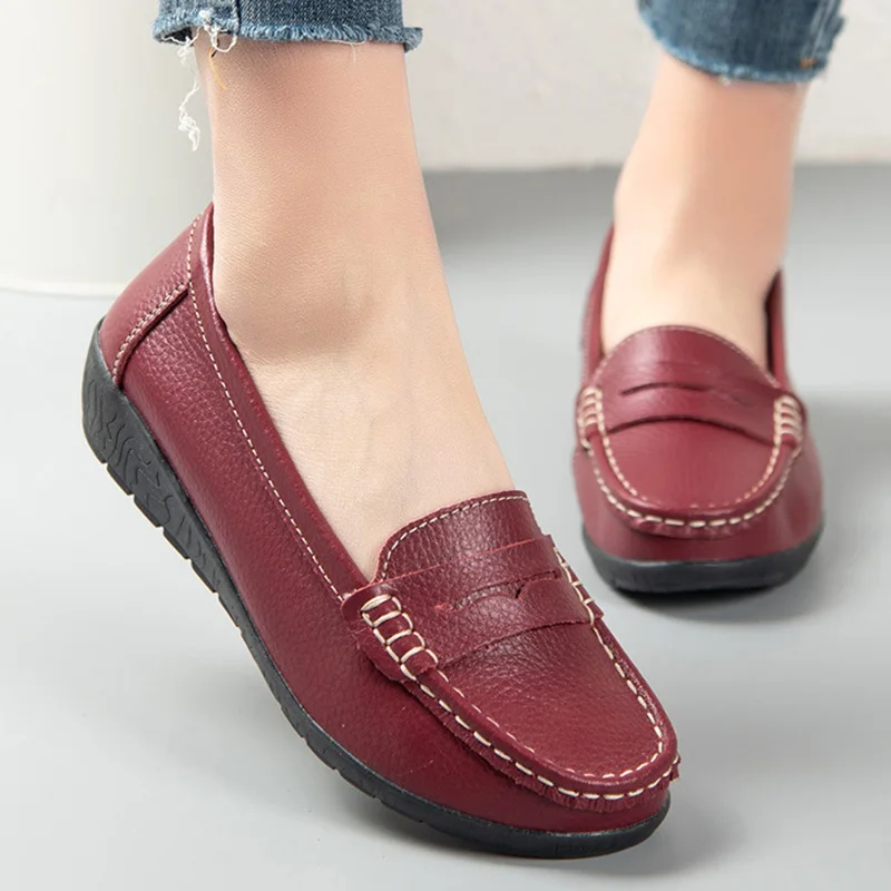 Women Flats Genuine Leather Shoes Woman Platform Casual Soft Women\'s Loafers Shallow Slip On Shoes Women Nurse Ladies Shoes