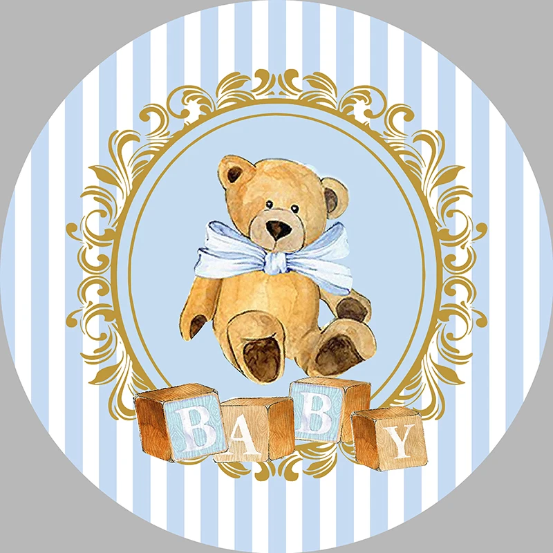 Sensfun Cute Bear Theme Round Backdrop Cover Boys Newborn Baby Shower 1st Birthday Party Circle Background Cylinder Covers