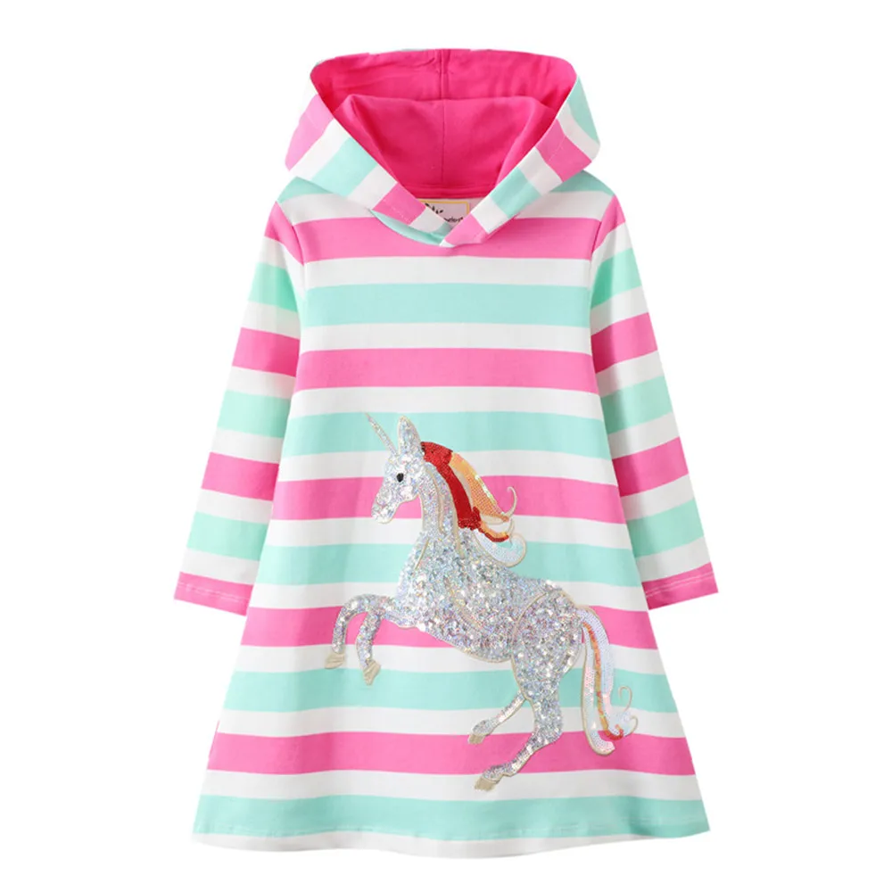 Jumping Meters New Arrival Fashion Children Dresses Cotton Princess Girls Dress with Hooded Unicorn Beading Hot Selling Dress