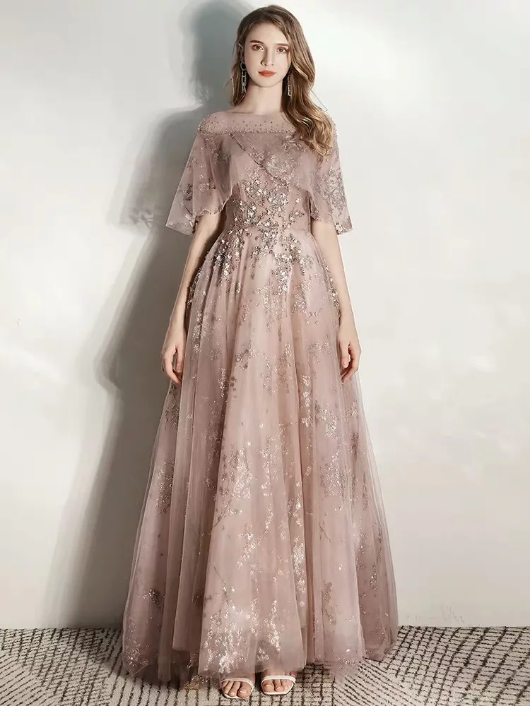 Neue Tüll lange Ballkleider halbe Ärmel Luxus Perlen schiere Hals Brautjungfer Kleid elegante Hochzeit Bankett formelle Kleid Party