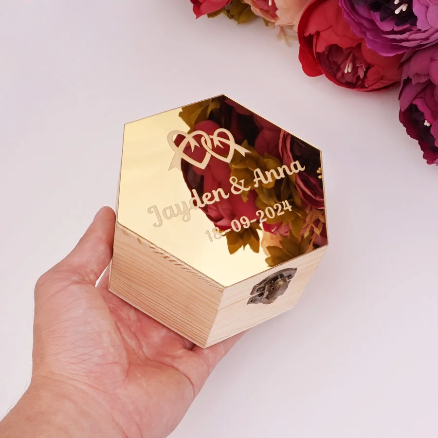 Hexagon Shape Acrylic Mirror Cover Box With Hearts Custom Name Date Party Gift Wood Boxes Wedding Candy Holder Display Decor