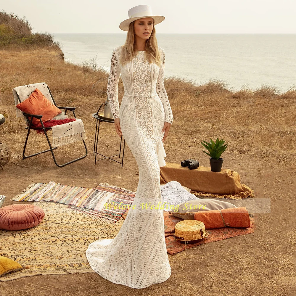 Robe De mariée sirène style Boho, col rond, manches longues, longueur au sol modeste, balayage, 2022