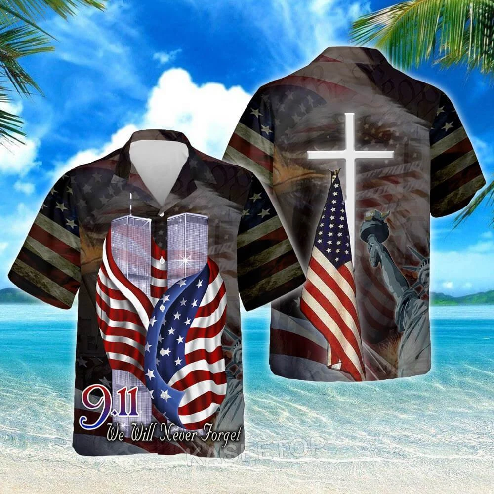 Verão Mens Praia Manga Curta Jesus 9.11 Nunca Esquecer 3D Impresso Camisa Havaiana Botão Casual Blusas Selvagens Oversize Streetwear