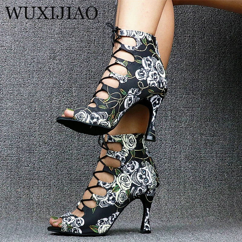 WUXIJIAO-Chaussures de danse de salon professionnelles pour femmes, chaussures de salsa en denim, talons de 9cm, crâne d'Halloween, danse latine