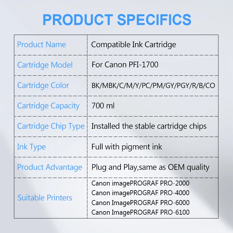 PFI-1700 PFI 1700 Compatible Ink Cartridge With Full Ink For Canon imagePROGRAF PRO-2000 PRO-4000 PRO-6000 PRO-6100 12Colors/Set