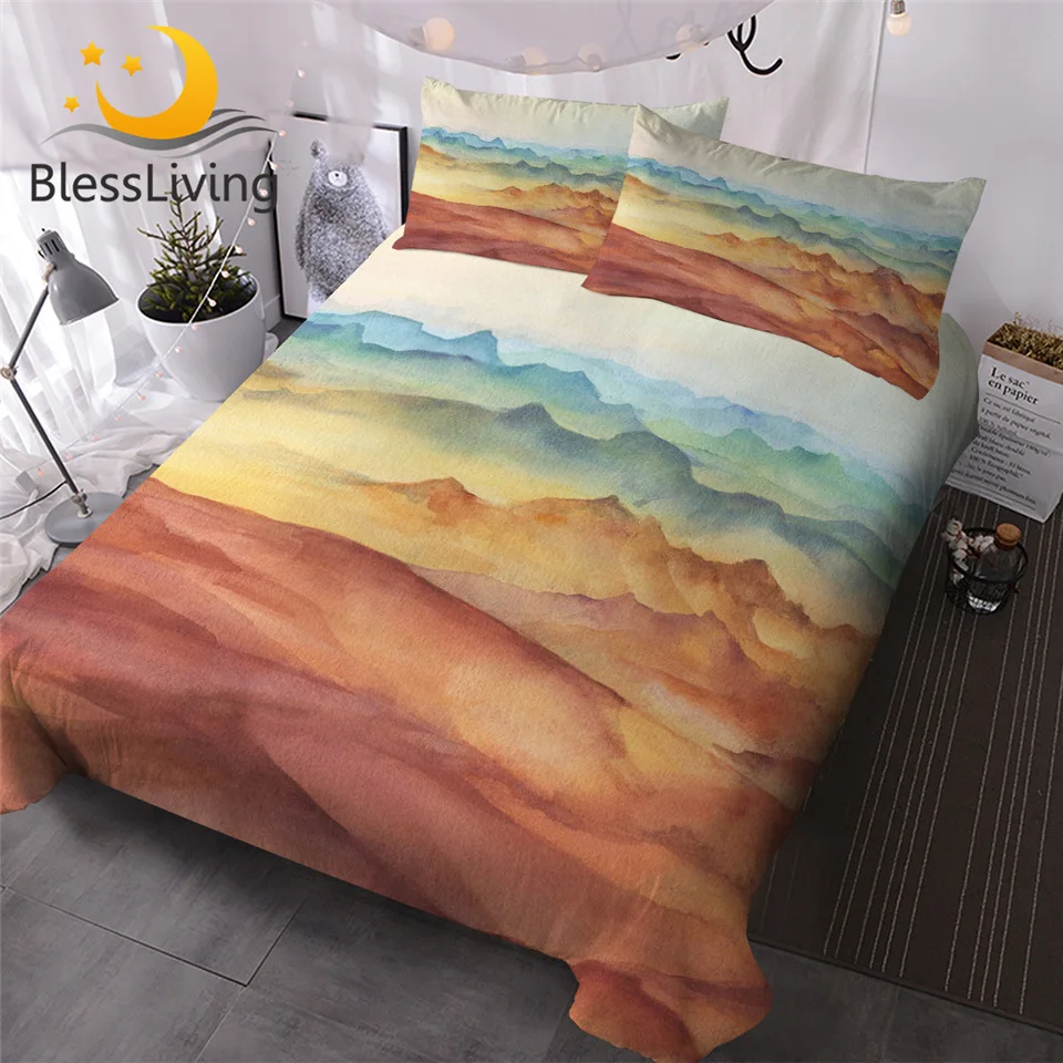 

BlessLiving Watercolor Duvet Cover Landscape Home Textiles Modern Urban Bedding Set Sunset Yellow Mountain Bedclothes 3 Pieces