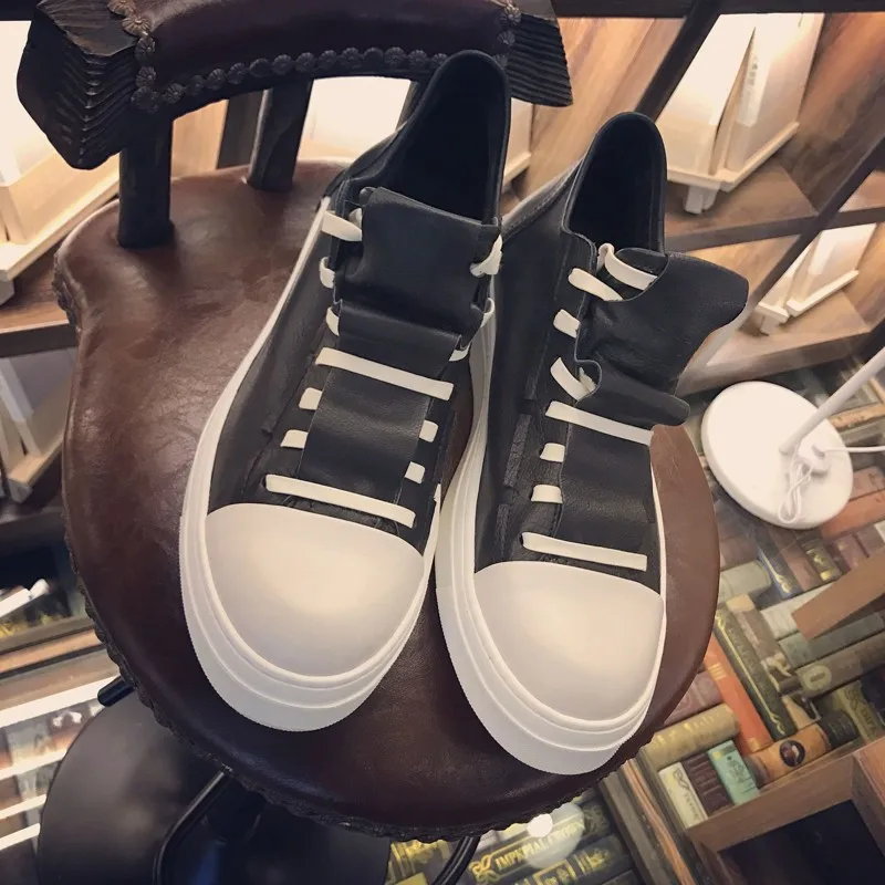 Korean Fashion Unisex Genuine Leather Casual Leather Shoes Low Help Round Toe Lace Up Male Platform Sneakers Shoes Streetwear