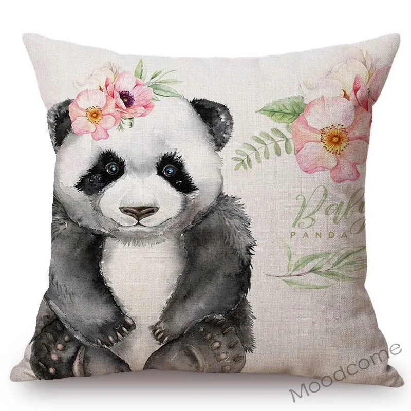 Cute Floral Animals Baby Girl Room Decoration Throw Pillow Case Woodland Baby Panda Bunny Rabbit Goat Cotton Linen Cushion Cover