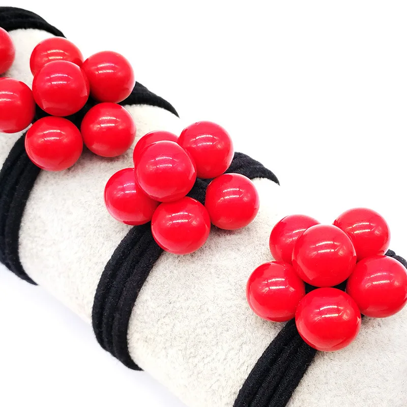 2 PCS Red Beads Flower Ponytail Holders Black High Rubber Band 3 IN 1 Hair Ties Gum High Elastic Hair Bands For Women Girls