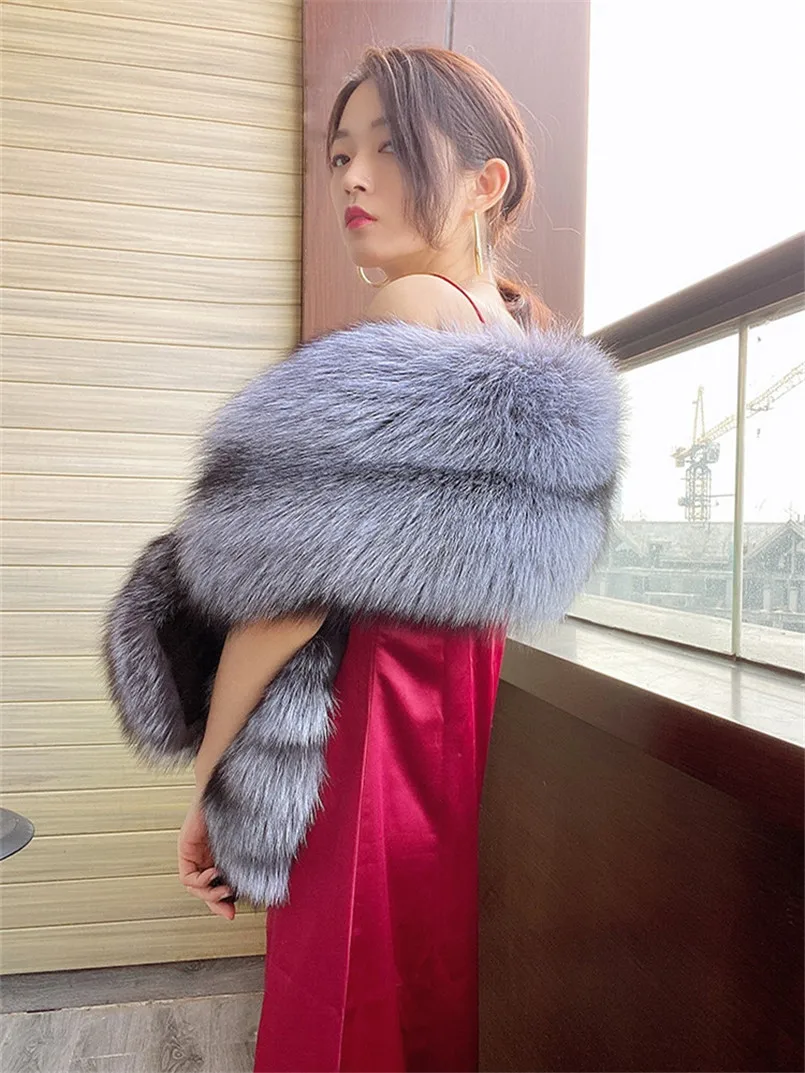 Luxury Real Silver Fox Fur Shawl Winter Cape with Big Pocket Genuine Red Fox Fur Poncho White Fashion New Design Scarf