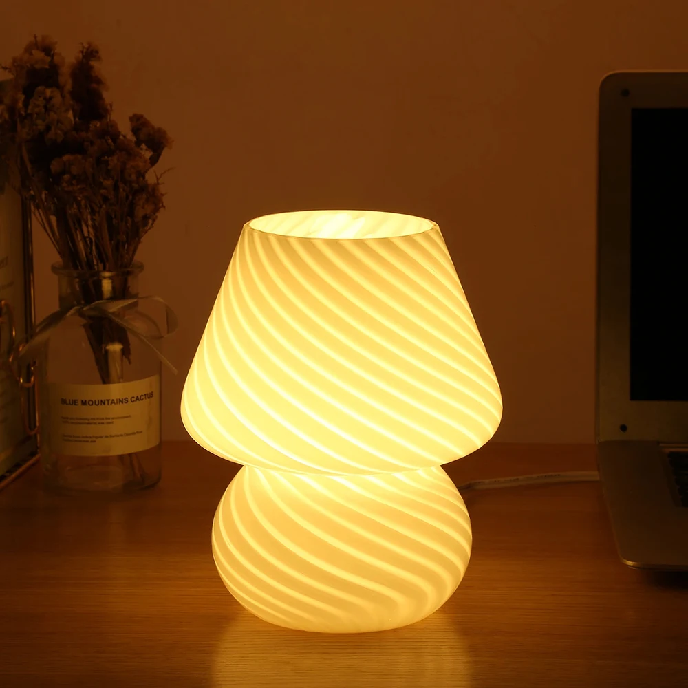 Glass Mushroom Table Lamp for Room Decor LED E14 USB AU CN EU UK US Plug Frosted / Striped 3 Colors Dimmable Vintage Night Light