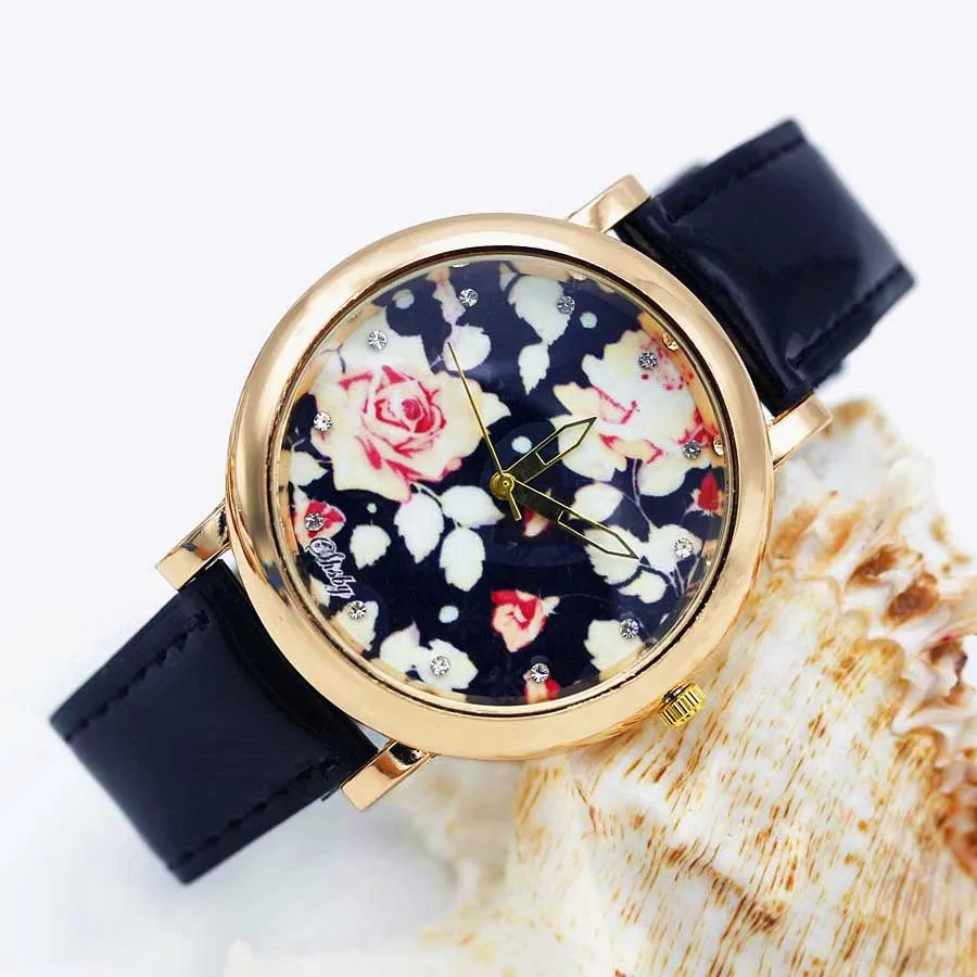 Shsby Bright Leather Strap Watches Rose Gold Women Dress Watch Girl Flower Casual Wristwatch Lady Rhinestone Quartz Watch 01