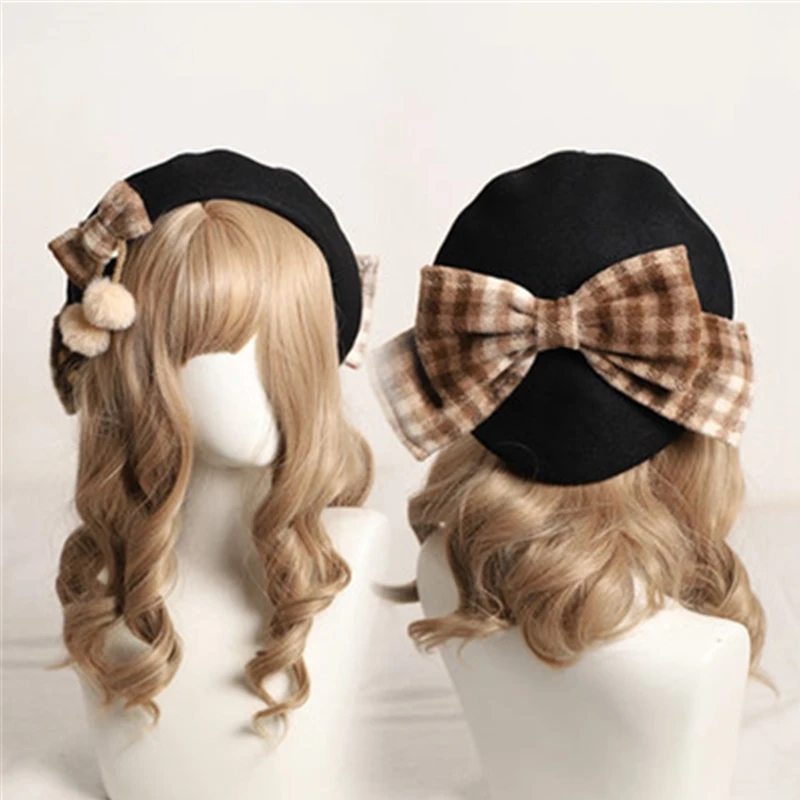 Winter women\'s hat cute beret female British fashion retro big bow plaid artist hat female newsboy hat wholesale