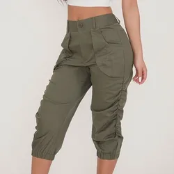 Relaxado-ajuste da carga das mulheres capri pant saco de papel de cintura alta lápis cortado pant magro ajuste calças casuais longas com bolsos