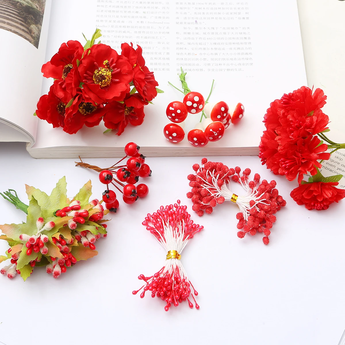 6/10/12/50/60/70/90/144/288pcs Yellow Flower Cherry Stamen Berries Bundle DIY Christmas Wedding Cake Gift Box Wreaths Decor