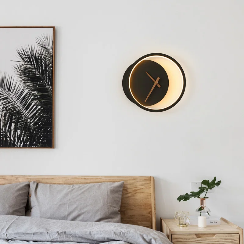 Wall Clock LED Wall Lamp Indoor Lighting Black/White Nordic Luxury Decoration Sconce For Hotel Bedside Living Room Bedroom