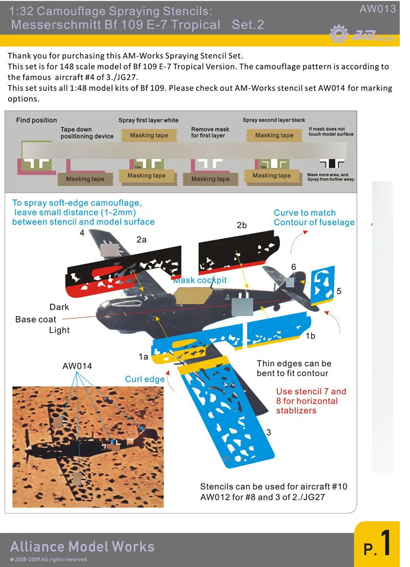 AW013 1/32 Model Accessory Messerschmitt Bf 109 E-7 Tropical Camo Set.2 Coloring Tools