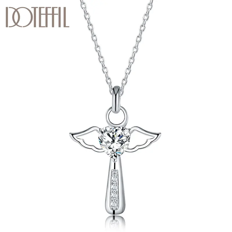 

DOTEFFIL 925 Sterling Silver 18 Inch Chain Purple/White AAA Zircon Cross Heart Necklace For Women Fashion Wedding Charm Jewelry