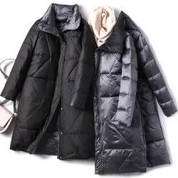2021 Winter Nieuwe Dubbelzijdig Donsjack Vrouwen Medium Lange Oversize Dikke Revers Stand Up Kraag Solid Kleur Alle Match warme Jas