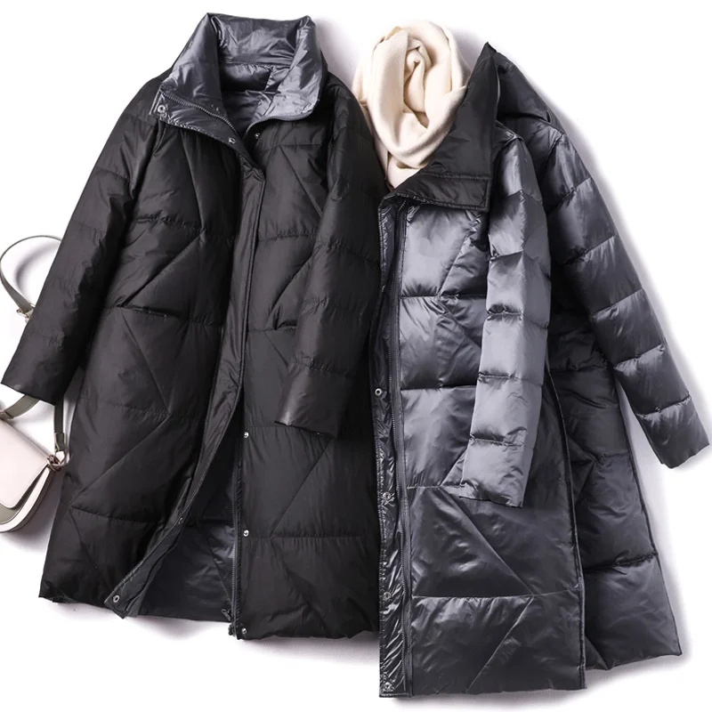 2021 Winter New Double Sided Down Jacket Women Medium Long Oversize Thick Lapel Stand Up Collar Solid Color All Match Warm Coat