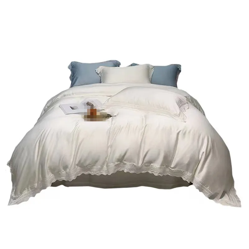 

High-grade Pure White 120 Satin Set With Embroidery Silk Bedding Sets