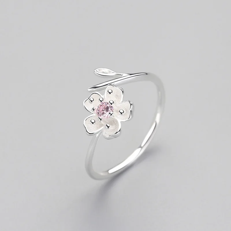 Real 925 Sterling Silver Zircon Enamel Plum Flower Adjustable Ring Elegant Fine Jewelry For Women Romantic Party Bijoux