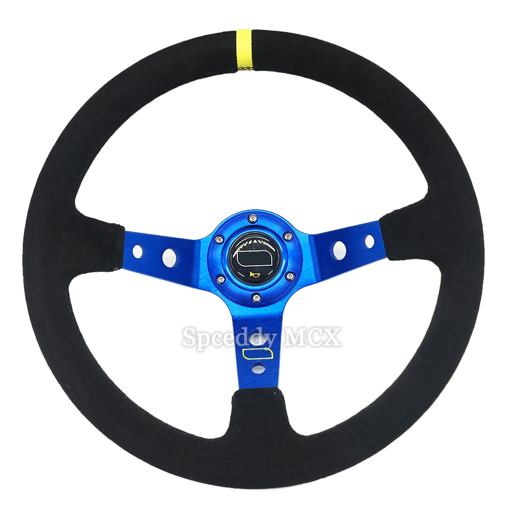 OM-Sports Steering Wheel 14 Inch Deep Corve Drifting Suede Leather 350mm Car Steering Wheel With Horn Button 6-Hole Black Blue