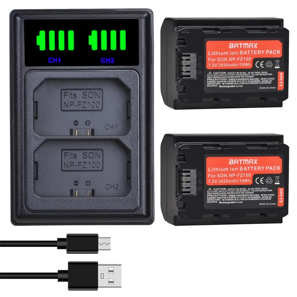 Batmax 2650mAh NP-FZ100 Bateria FZ100 Battery+New LED Dual Charger for Sony a7iii,a7R iii,A7 m4,Alpha A9 A9R,A6600,A6700,ZV-E1