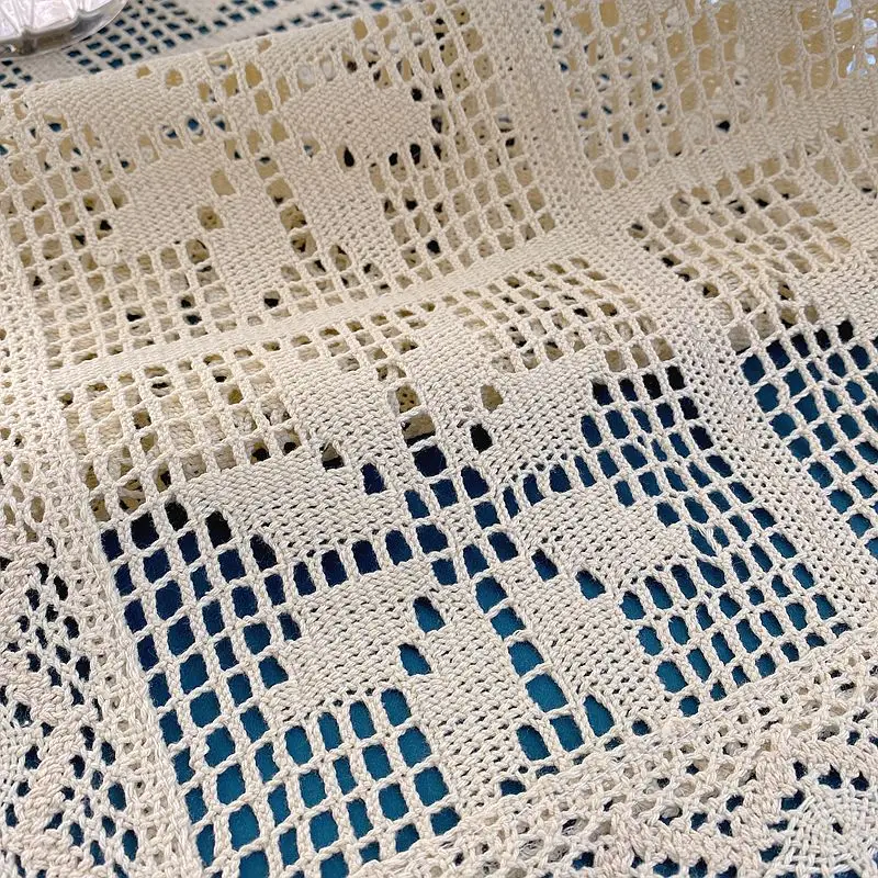 Crochet Cotton Linen Blending Table Runner Retro Style Cotton Woven Lace Edge Tablecloth Side Table Table Cover Cabinet Cover