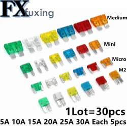 30Pcs Standard Auto Blade Fuse For Car 5A 10A 15A 20A 25A 30 AMP Each 5pcs Car Fuse Auto Fuse Medium Mini Micro M2 Fuse 2Pin NEW