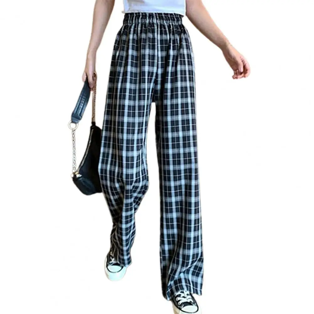 Women Pants High Waist Breathable Trousers Elastic Straight Plaid Pants for Daily Wear