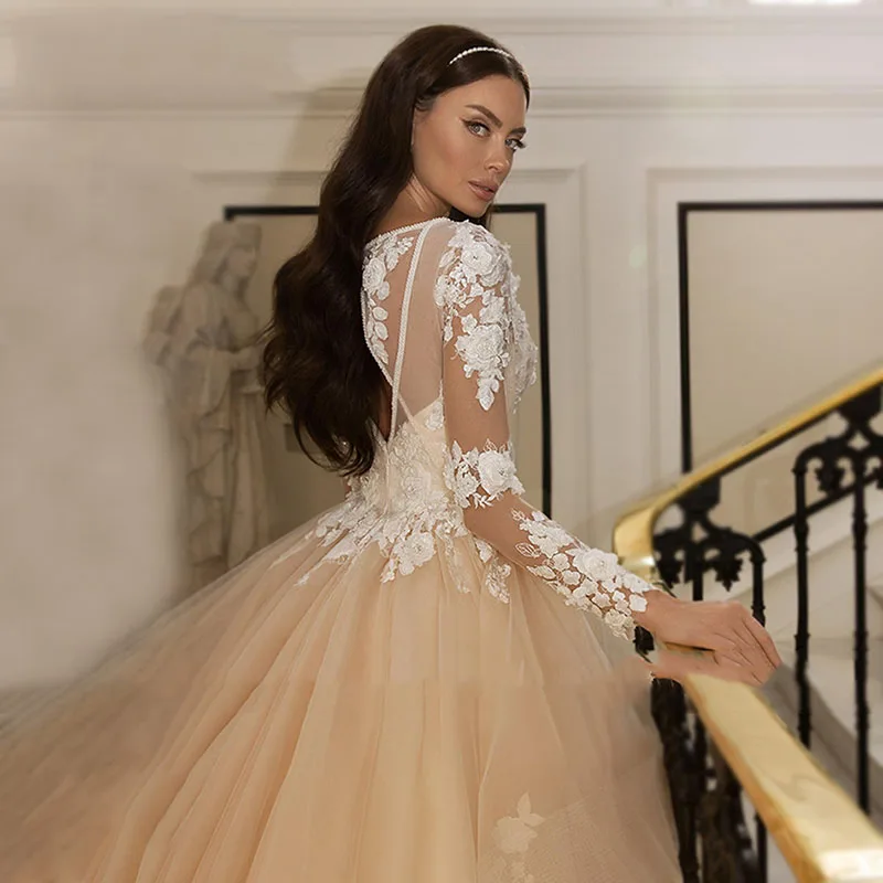 Linha a vestido de casamento 2021 princesa manga longa vestido de noiva com decote em v longo trem apliques rendas vestidos de noiva em camadas 2021 mais tamanho