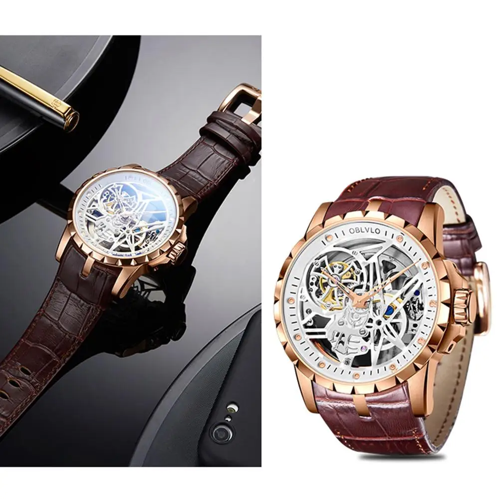 Reloj de marca de lujo para hombre, relojes automáticos para hombre, reloj de pulsera mecánico de diseño OBLVLO para hombre, reloj de pulsera mecánico con esfera grande, correa de cuero